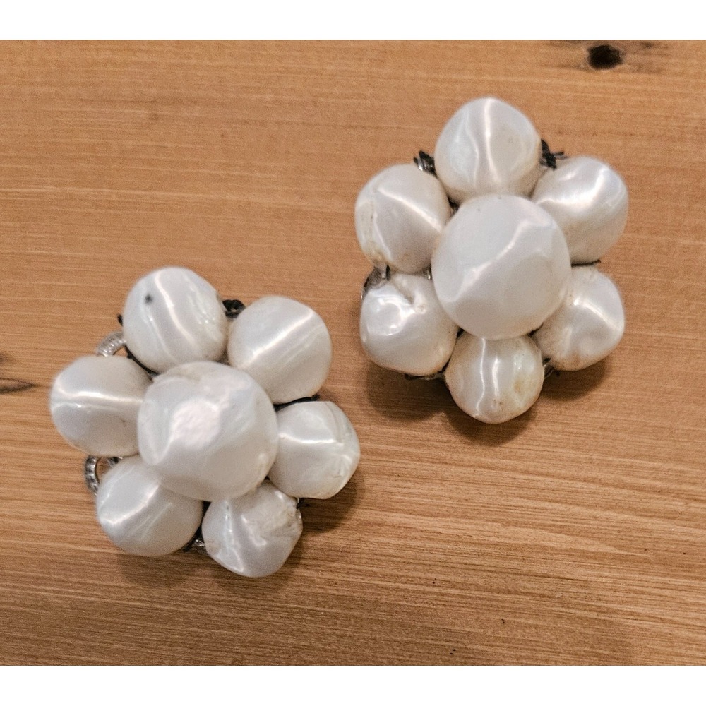 Vintage Japan Clip on Earrings White and Silver Cluster Bead - Very Nice!